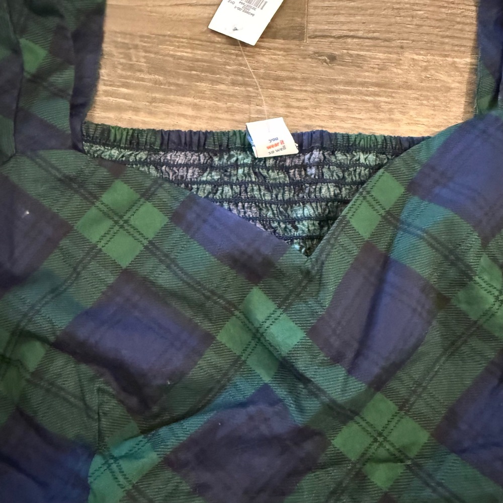 Old Navy Green Navy Plaid Puff Sleeve Peplum Top Sweetheart Neck Smocked Large - Picture 8 of 10